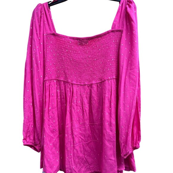 Motherhood Maternity Metallic Dot Smocked Boho Blouse In Vibrant Pink With Gold - Picture 6 of 6